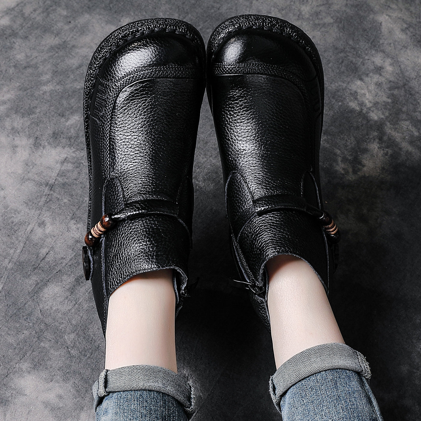 Top Leather Round Toe Casual Soft Sole Zipper Plush Ankle Boots