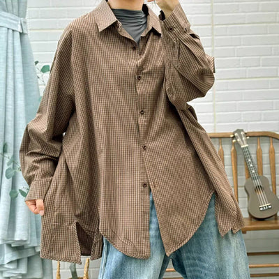 Plus Size Cotton Coffee Plaid Loose Long Sleeves Shirt