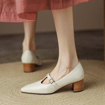 Elegant Leather Pointed Toe One Straped Chunky Shoes