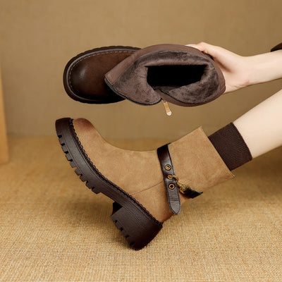 Leather Platform Fur Lined Vintage Belt Buckle Zipper Ankle Boots