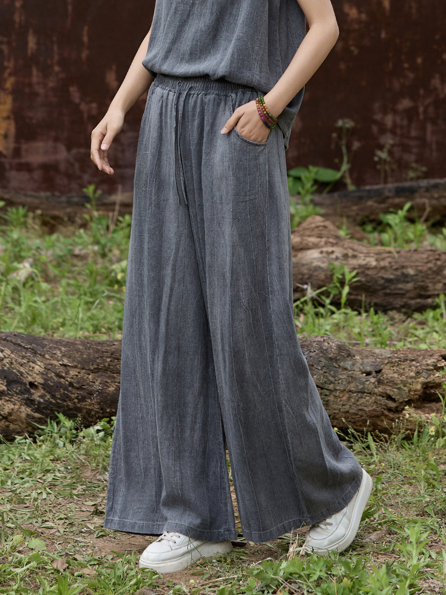 Tie-Dye Linen Comfortable Solid Color Elastic Waist Lace-Up Pants