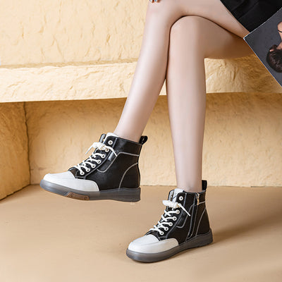 Top Leather Classic Patchwork Soft Flat Sole Zipper Boots