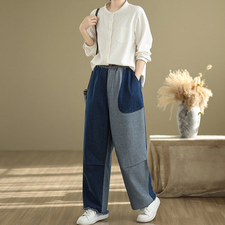 Babakud Women Spring Vintage Patchwork Denim Loose Wide-Leg Pants