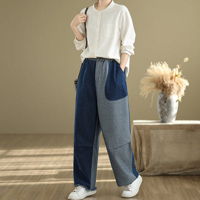 Babakud Women Spring Vintage Patchwork Denim Loose Wide-Leg Pants