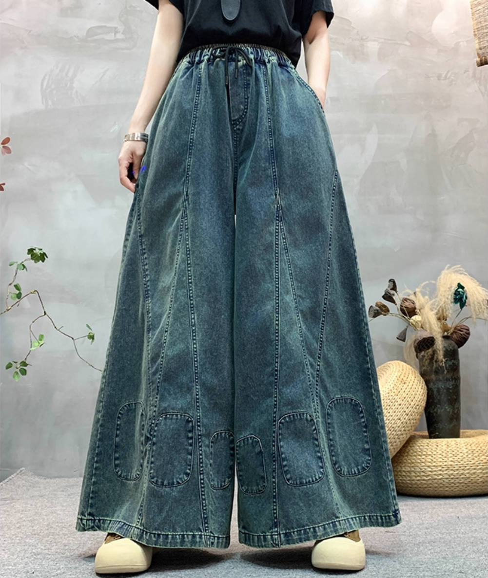 Retro Autumn Denim Loose Wide Leg Patchwork Jeans
