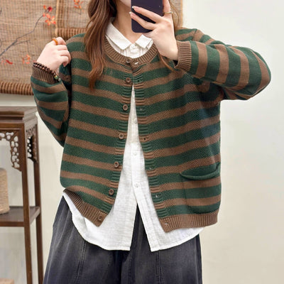 Vintage Autumn Cotton Striped Round Neck Versatile Cardigan