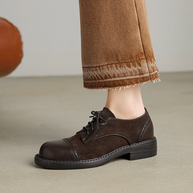 Vintage Elegant Leather Round Toe Sueded Patchwork Lace-Up Shoes