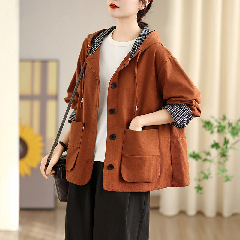 Plaid Patchwork Hooded Windbreaker Long Sleeve Loose Coat