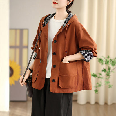 Plaid Patchwork Hooded Windbreaker Long Sleeve Loose Coat