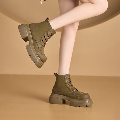 Sueded Leather Patchwork Round Toe Platform Lace-Up Ankle Boots