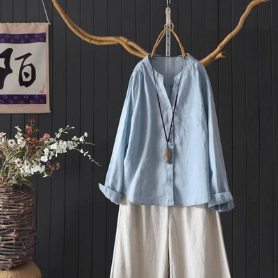 Autumn Linen V-Neck Single-Breasted Long Sleeves Shirt