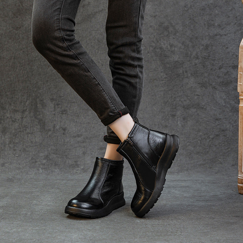 Winter Retro Leather Round Toe Wool-Lined Zipper Ankle Boots