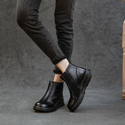 Winter Retro Leather Round Toe Wool-Lined Zipper Ankle Boots