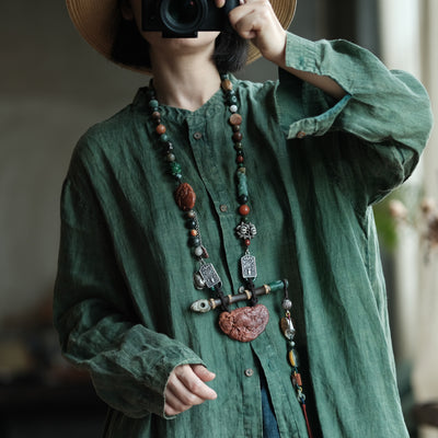 Green Ramie Simple Plus Size Loose Long Shirt