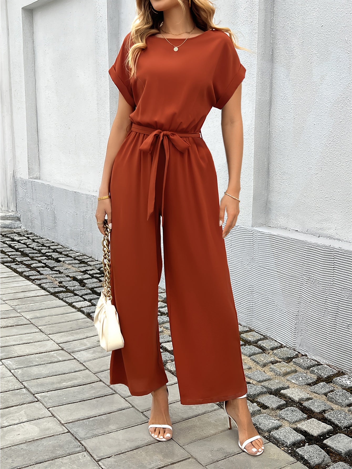 Babakud Women Elegant Solid Color Casual Lace-Up Jumpsuit