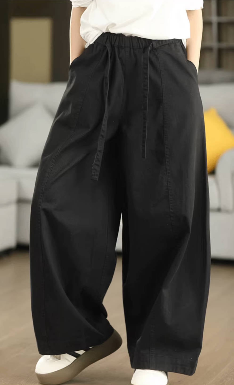 Retro Cotton Casual Solid Color Elastic Waist Wide Leg Pants