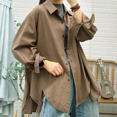 Plus Size Cotton Coffee Plaid Loose Long Sleeves Shirt