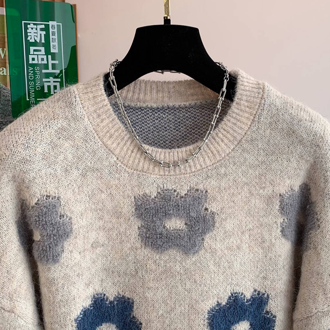 Winter Retro Round Neck Floral Printed Loose Casual Sweater