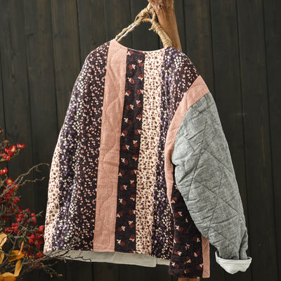 Women Winter Vintage Ethnic Floral Patchwork Quilted Cotton-Linen Jacket