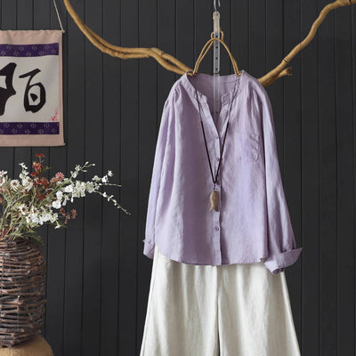 Autumn Linen V-Neck Single-Breasted Long Sleeves Shirt