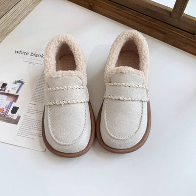 Warm Sueded Shallow Round Wide Toe Fleece-Lined Flat Shoes