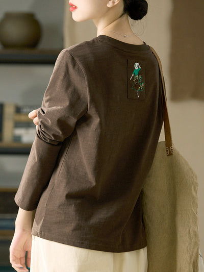 100% Bamboo Cotton Round Neck Soft Embroidered Loose Coffee Overshirt