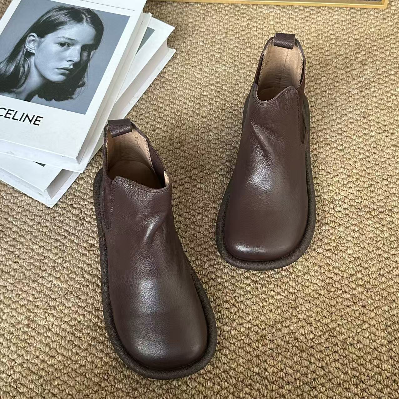 Genuine Leather Wide Round Toe Soft Sole Slip-On Boots