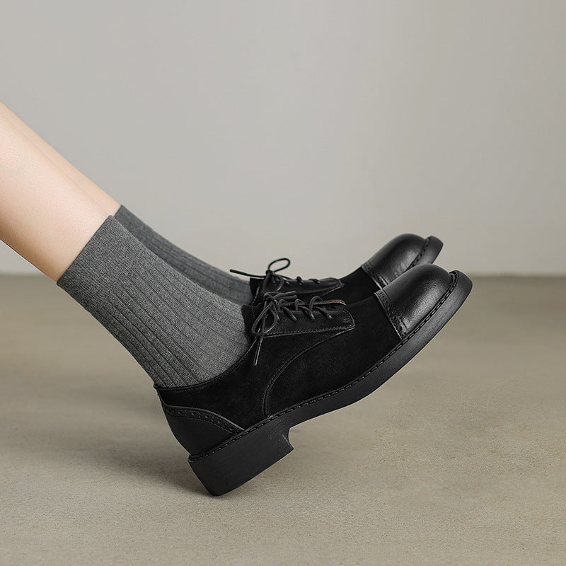 Vintage Elegant Leather Round Toe Sueded Patchwork Lace-Up Shoes