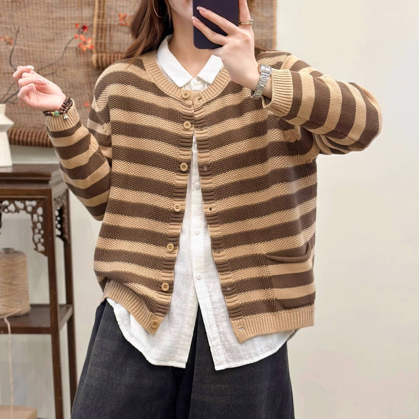 Vintage Autumn Cotton Striped Round Neck Versatile Cardigan