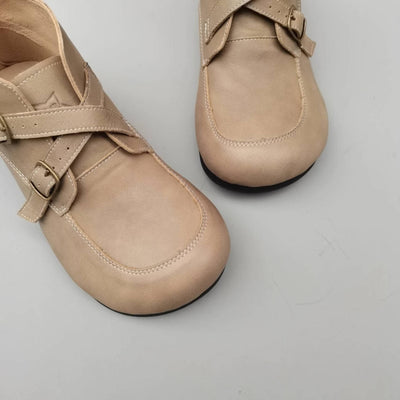 Vintage Leather Wide Toe Soft Flat Sole Crossing Straped Ankle Boots