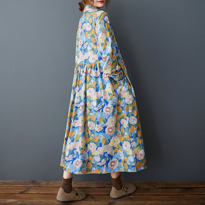 Babakud Women Spring Retro Colorful Floral Corduroy Long Dress