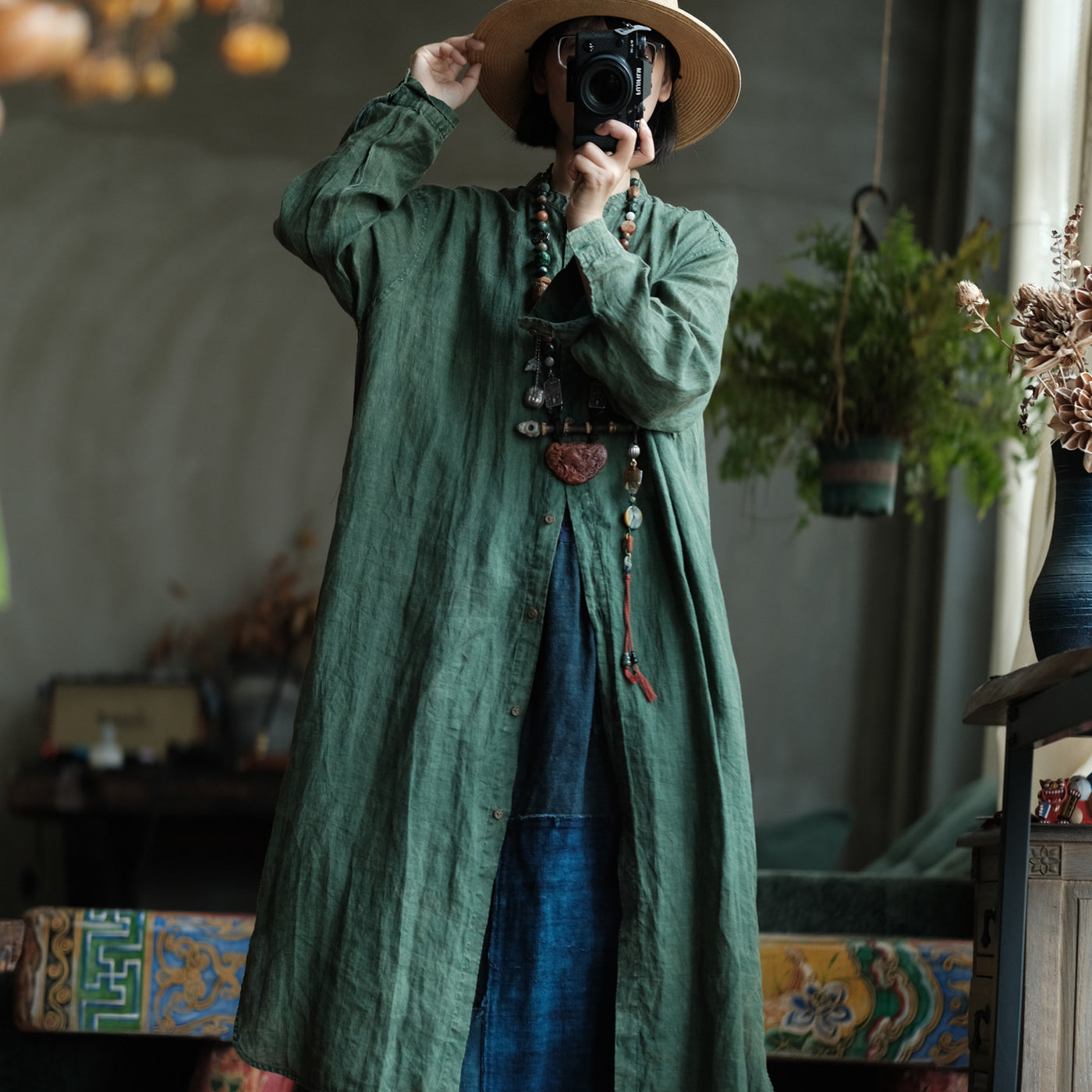 Green Ramie Simple Plus Size Loose Long Shirt