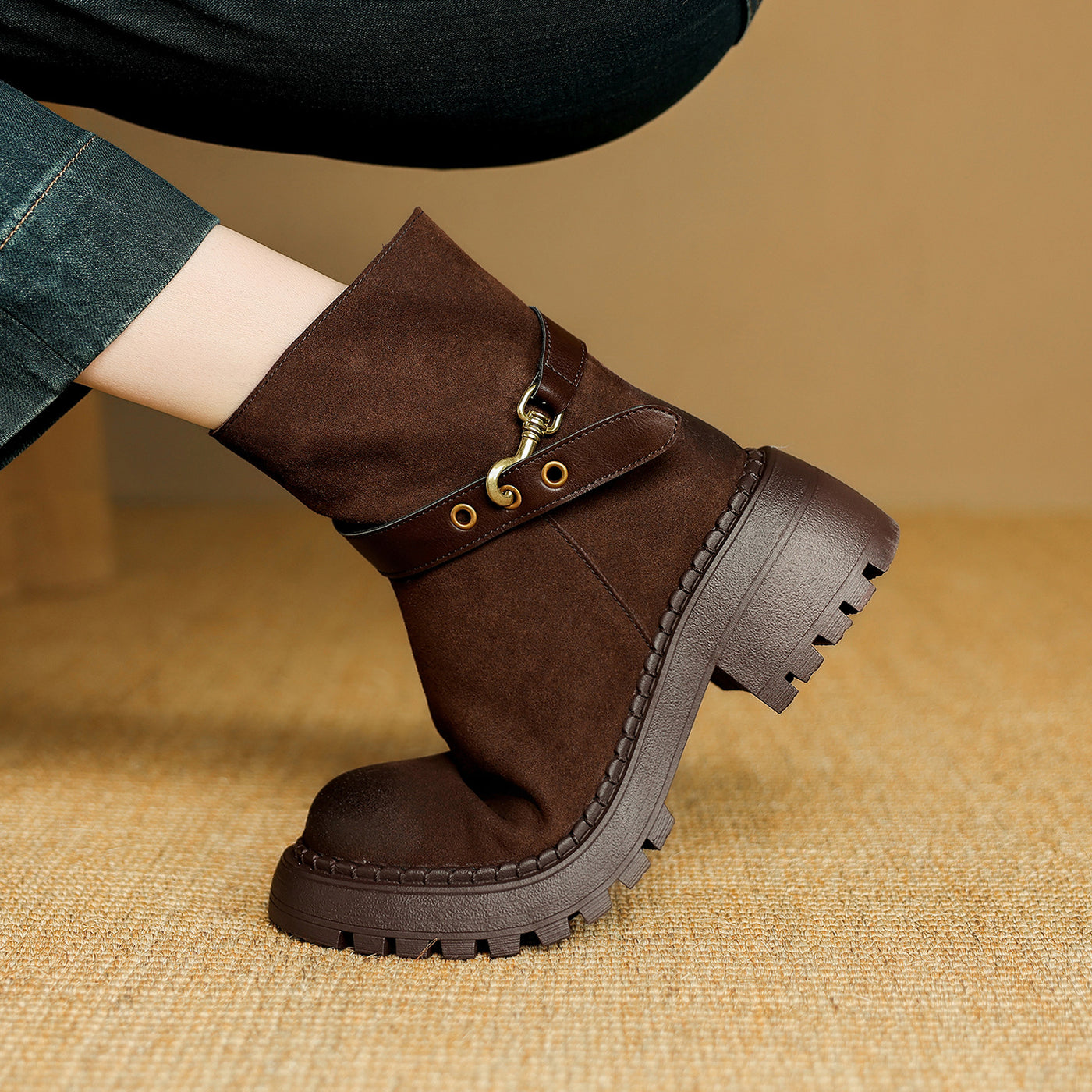 Leather Platform Fur Lined Vintage Belt Buckle Zipper Ankle Boots