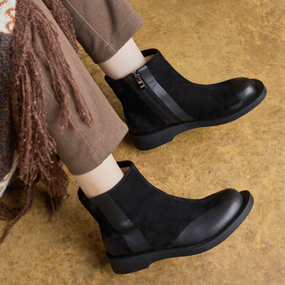 Retro Top Leather Sueded Flat Sole Zipper Ankle Boots