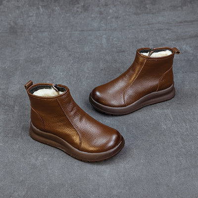 Winter Retro Leather Round Toe Wool-Lined Zipper Ankle Boots