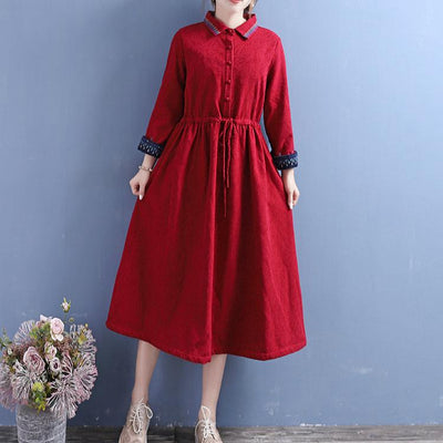 Women Winter Vintage Cotton Linen Embroidered Floral Fleece-Lined Dress
