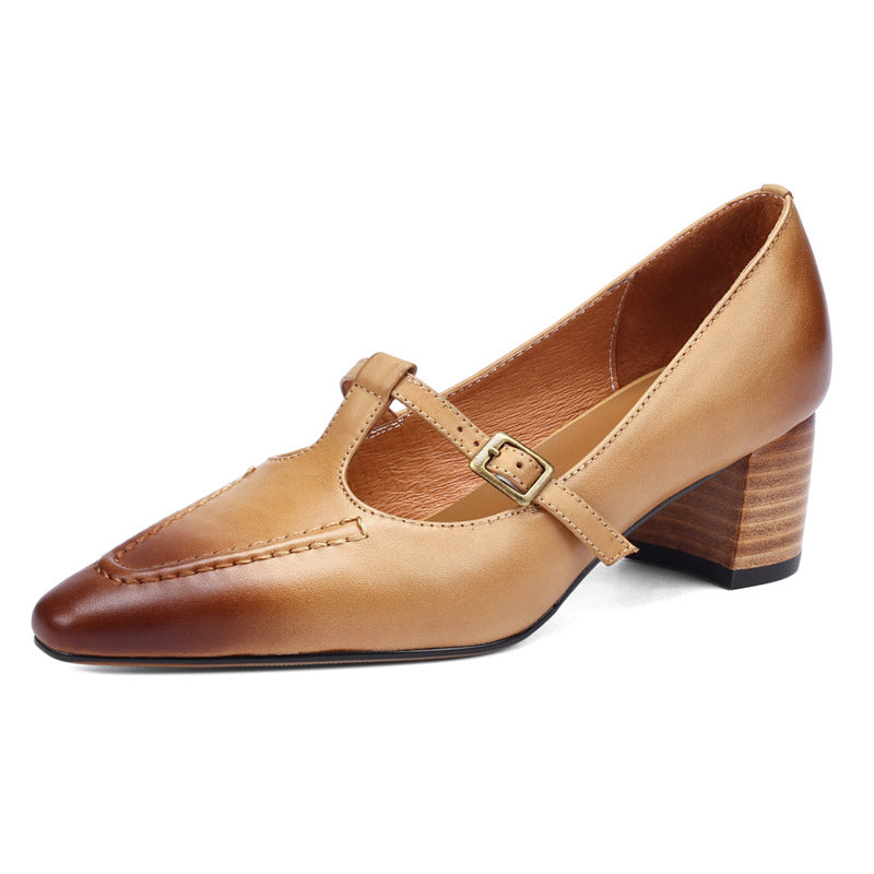 Elegant Leather Pointed Toe One Straped Chunky Shoes