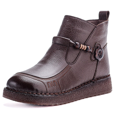 Top Leather Round Toe Casual Soft Sole Zipper Plush Ankle Boots