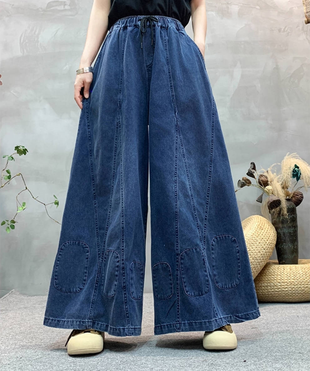 Retro Autumn Denim Loose Wide Leg Patchwork Jeans