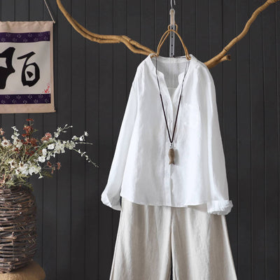 Autumn Linen V-Neck Single-Breasted Long Sleeves Shirt