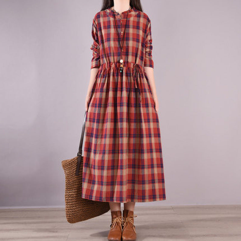 Women Cotton Linen Plus Size Plaid Stand Collar A-Line Dress