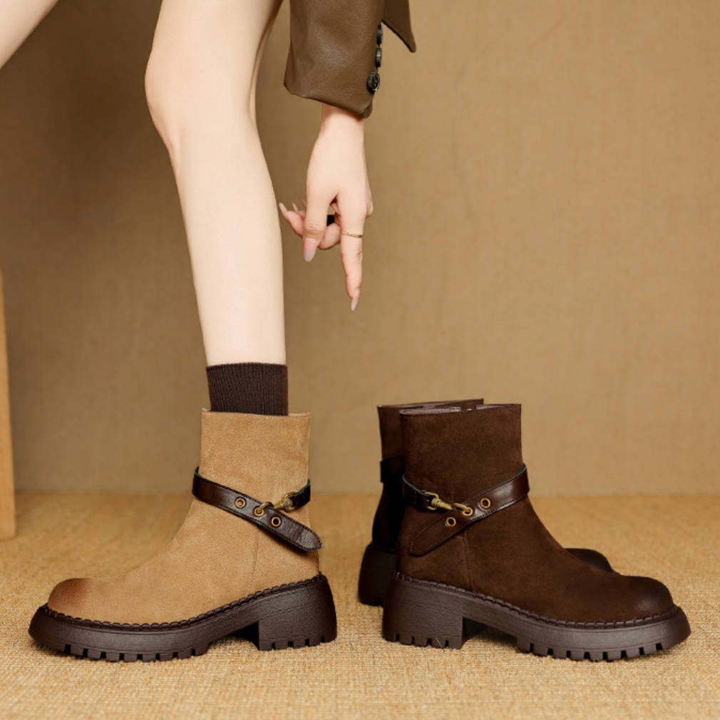 Leather Platform Fur Lined Vintage Belt Buckle Zipper Ankle Boots