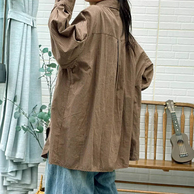 Plus Size Cotton Coffee Plaid Loose Long Sleeves Shirt