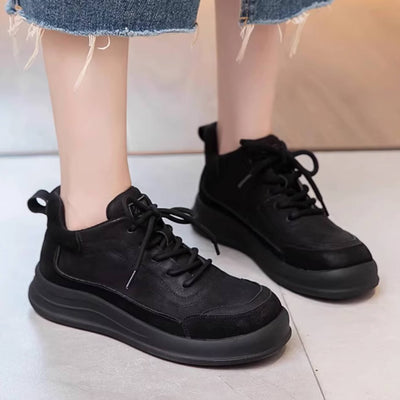 Winter Genuine Leather Soft Flat Sole Wool-In Lace-Up Sneakers