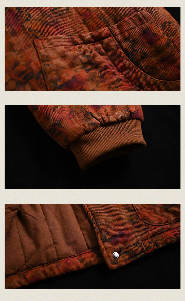 Women Winter Trendy Vintage Floral Cotton Bomber Jacket