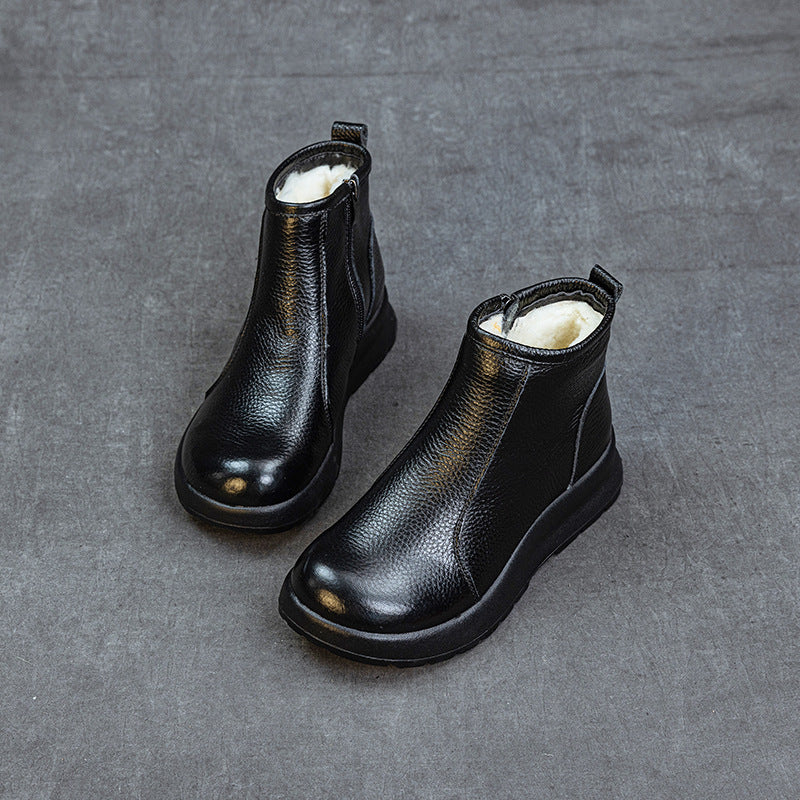 Winter Retro Leather Round Toe Wool-Lined Zipper Ankle Boots
