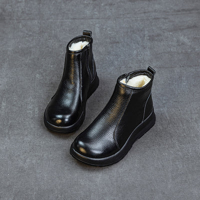 Winter Retro Leather Round Toe Wool-Lined Zipper Ankle Boots