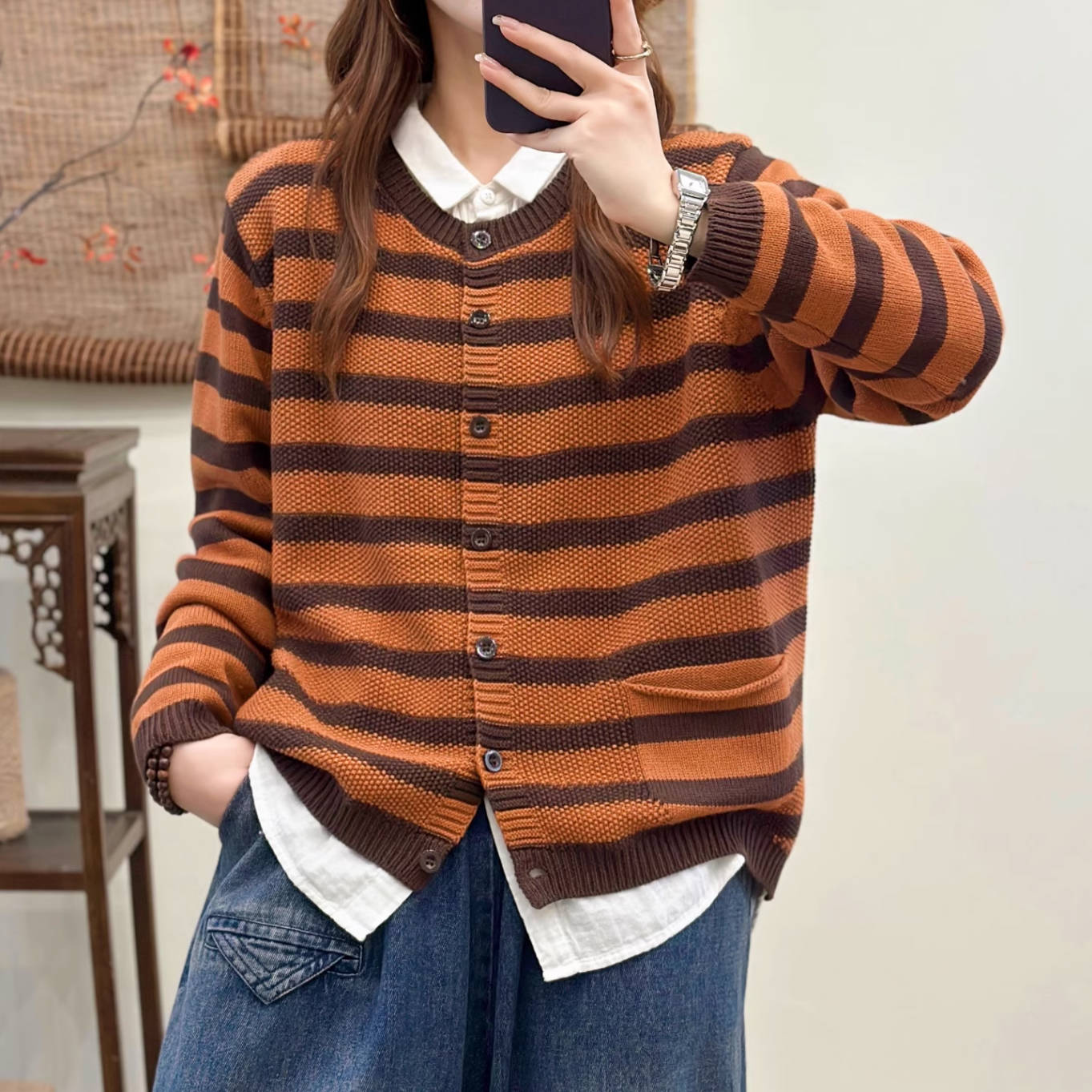 Vintage Autumn Cotton Striped Round Neck Versatile Cardigan
