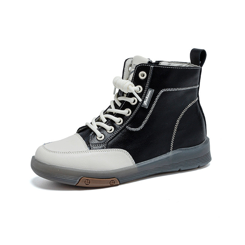 Top Leather Classic Patchwork Soft Flat Sole Zipper Boots