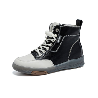 Top Leather Classic Patchwork Soft Flat Sole Zipper Boots